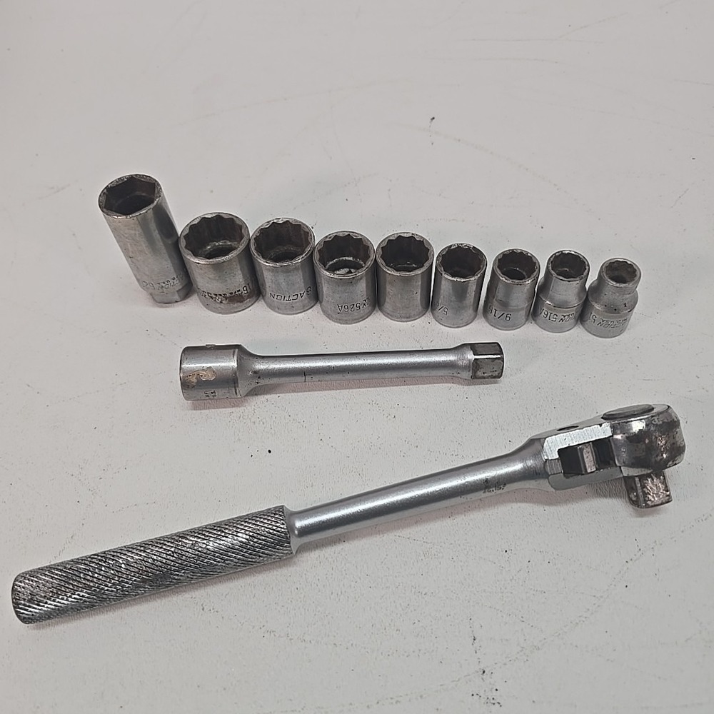 Vintage Action Tools 1/2"‎ Drive Socket Set Ratchet Extension & 9 Sockets USA